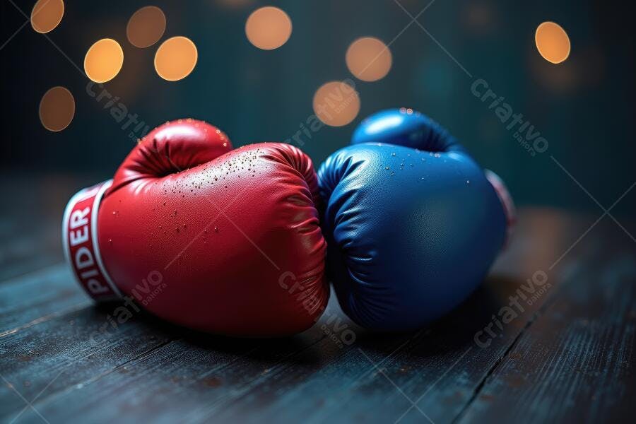 Foto Luvas de Boxe Vermelha e Azul Ringue Escuro