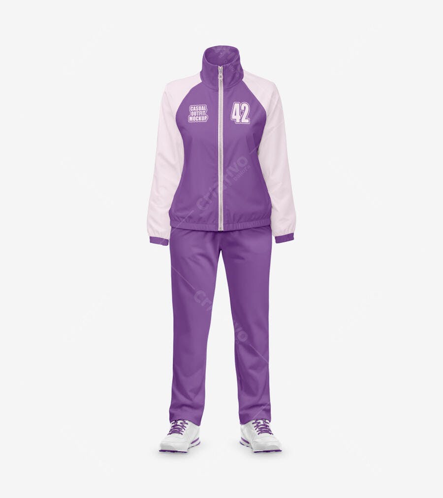 Mockup Agasalho Esportivo Feminino Roxo Frente Editável