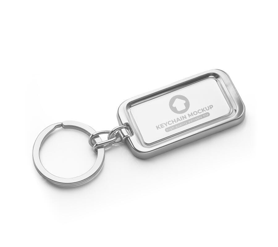 Mockup Chaveiro Metal Retangular Fundo Branco Editável