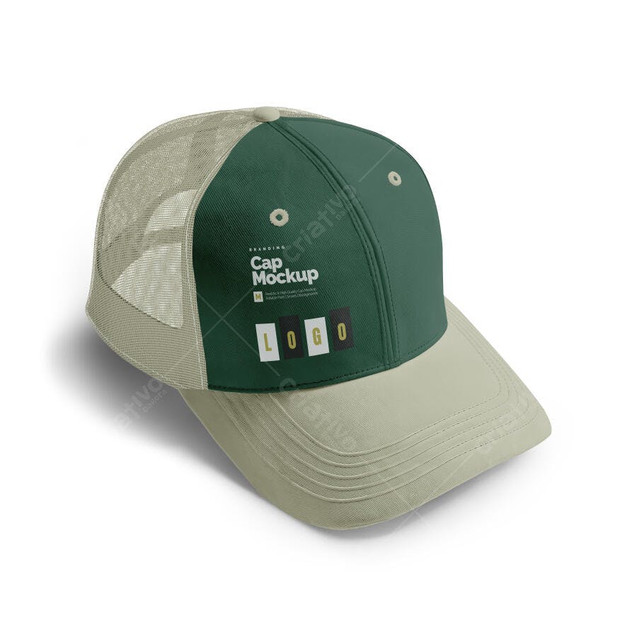 Mockup Boné Trucker Verde e Bege Vista Frontal Editável
