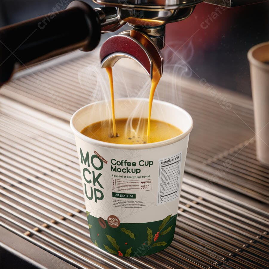 Mockup Copo Café Descartável Máquina Expresso Editável
