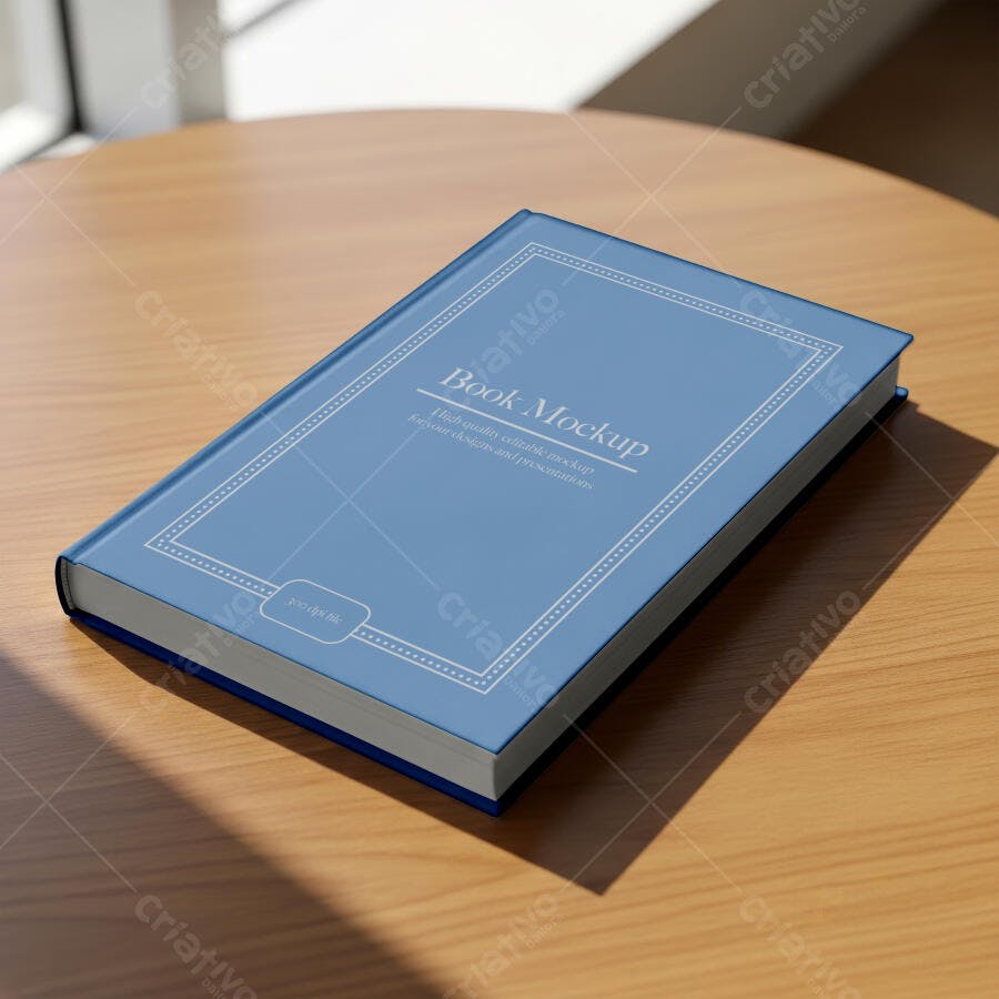 Mockup Livro Capa Dura Azul Mesa Madeira Editável