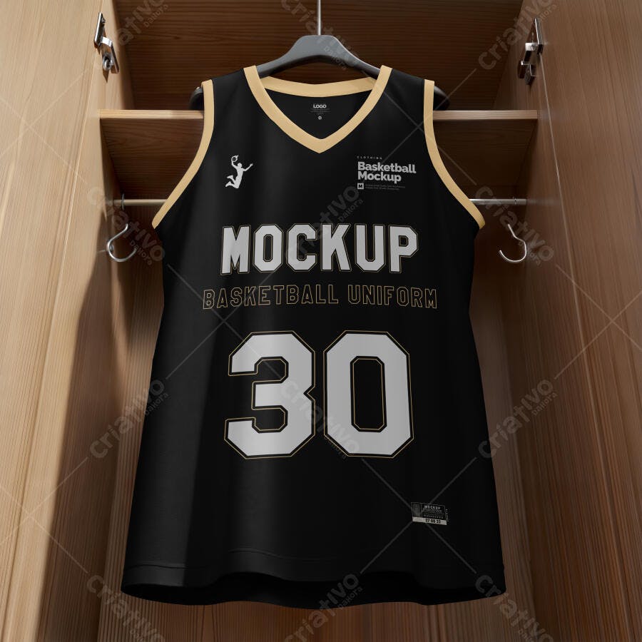 Mockup Camisa Basquete Preta Cabide Armário Madeira Editável