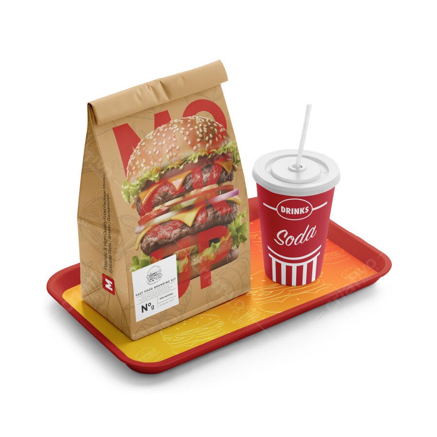 Mockup Embalagem Hamburgueria Sacola e Copo Fast Food Editável
