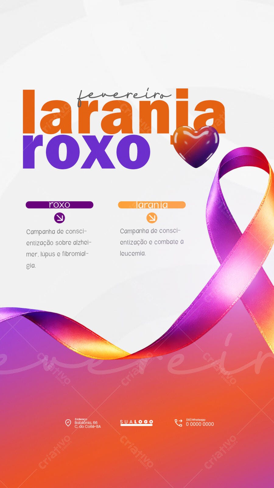 Story Fevereiro Laranja Roxo Conscientização Saúde PSD Editável