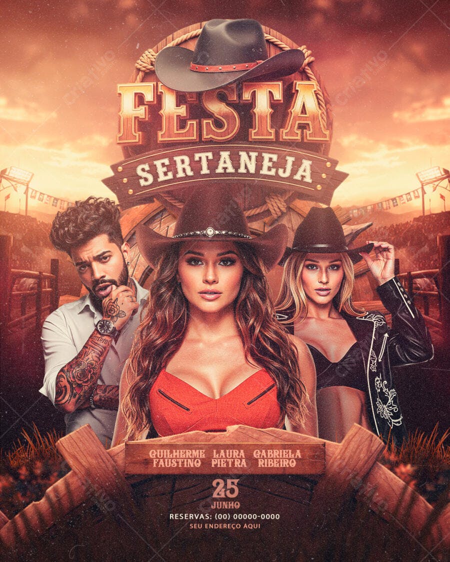 Flyer Festa Sertaneja Rodeio Junho PSD Editável