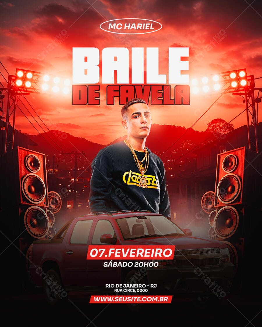 Flyer Baile de Favela MC Hariel Fevereiro PSD Editável