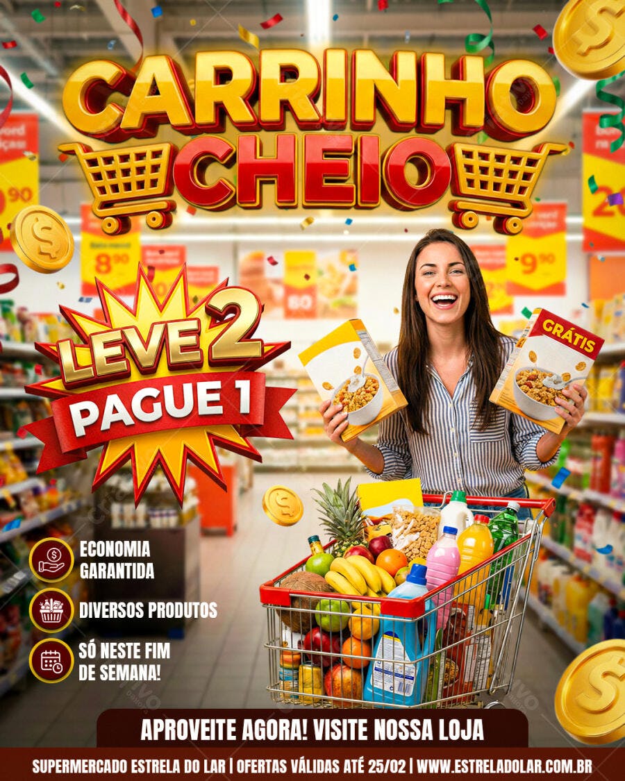 Flyer Supermercado Carinho Cheio Leve 2 Pague 1 PSD Editável