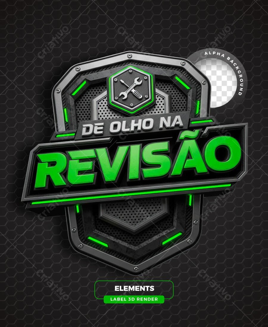 Selo 3D Destaque Revisão Automotiva Verde Metálico PNG