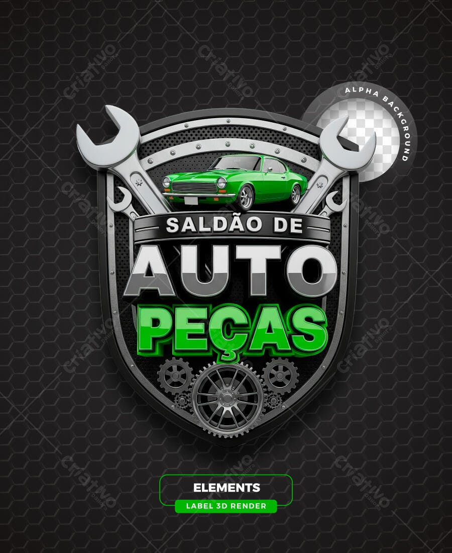 Selo 3D Saldo Auto Pecas Metalizado Prata Verde PNG Transparente