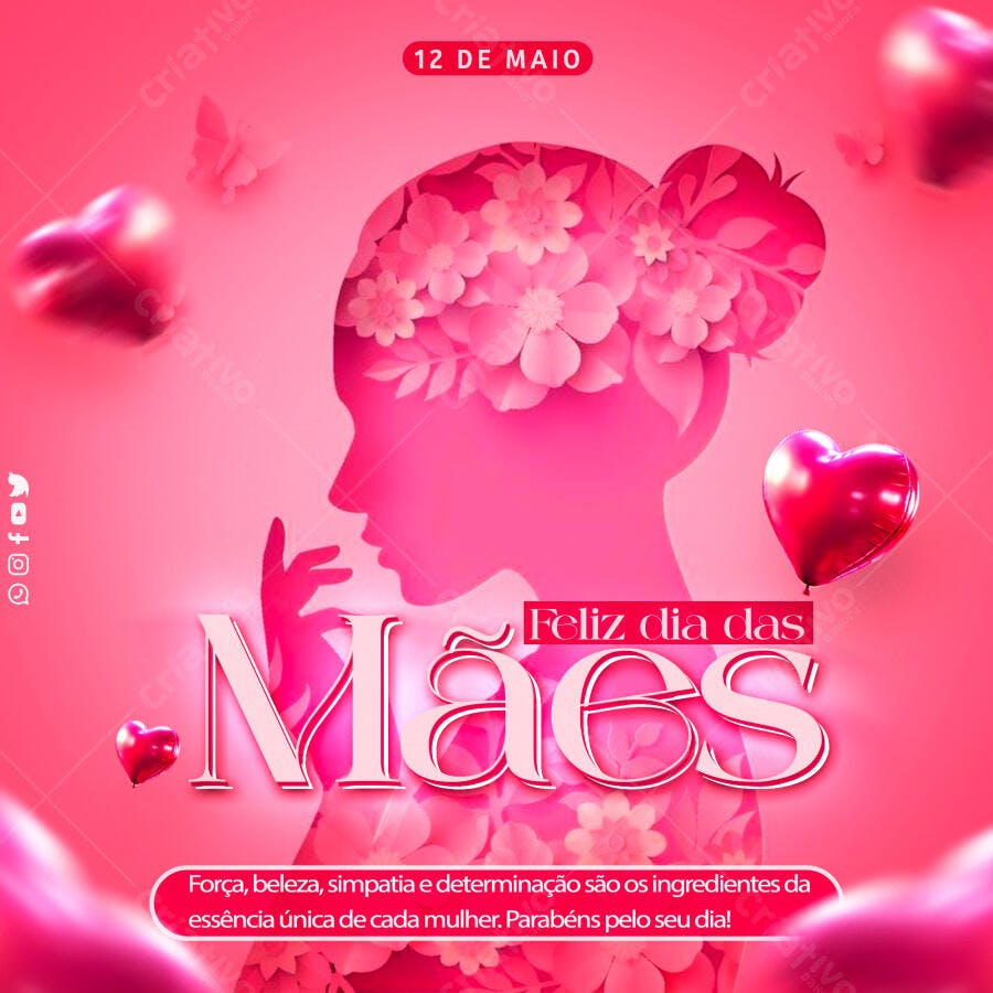 Post Instagram Dia das Mães Floral Rosa PSD Editável