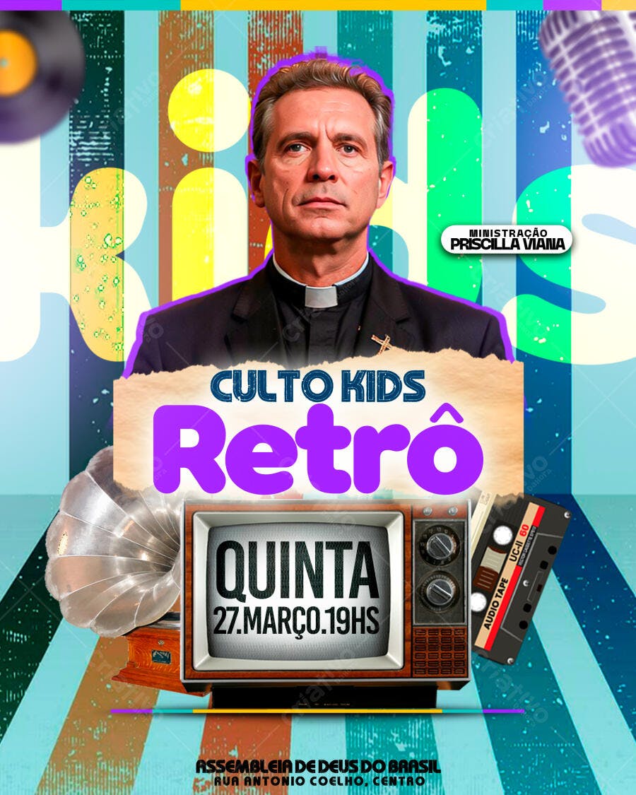 Flyer Culto Kids Retrô Igreja Evangélica PSD Editável