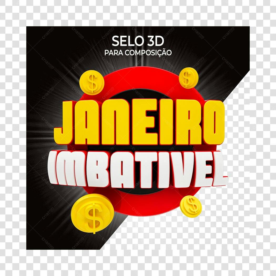 Selo 3D Janeiro Imbatível Moedas Douradas PNG Transparente