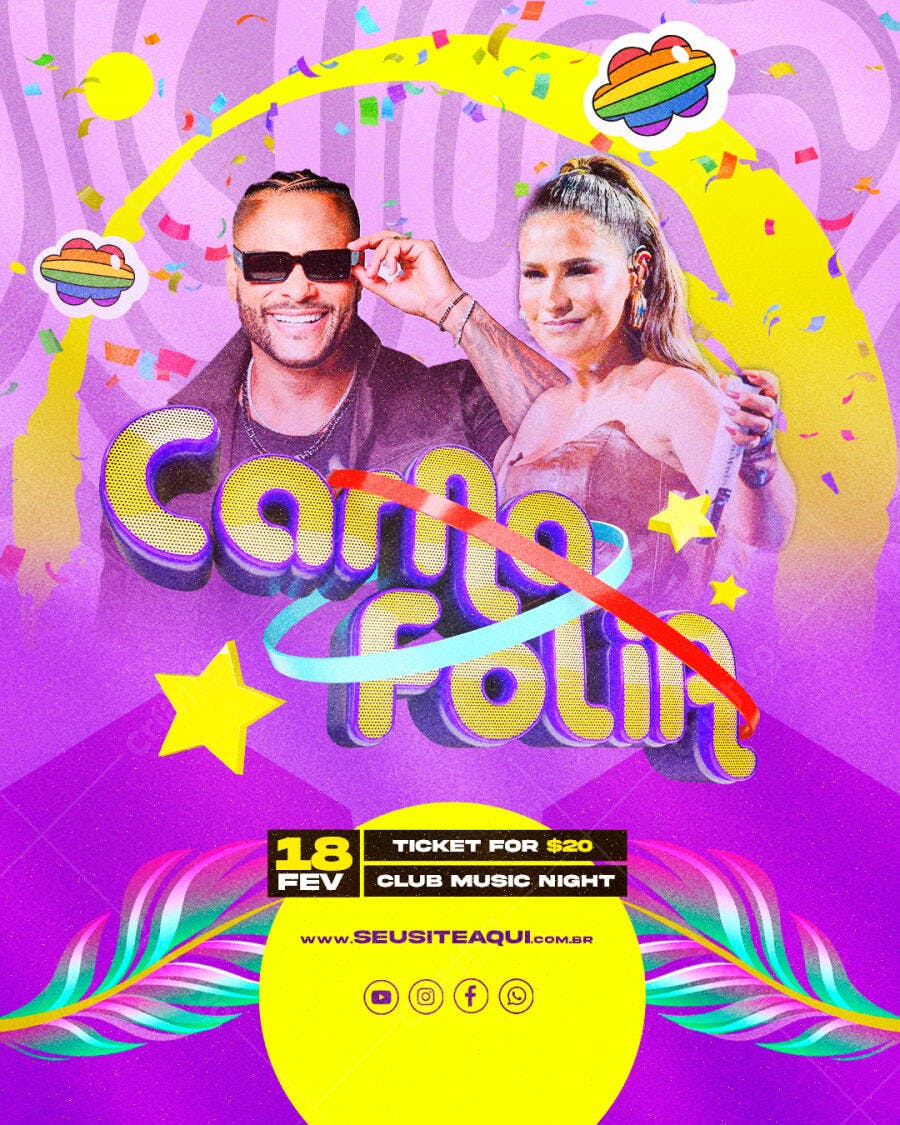 Flyer Carnaval Fevereiro Bloco de Rua PSD Editável