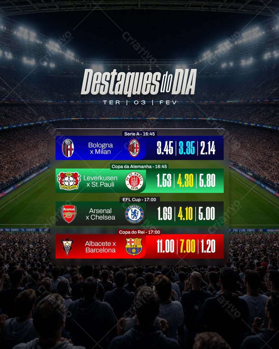 Post Instagram Destaques do Dia Futebol Apostas PSD Editável