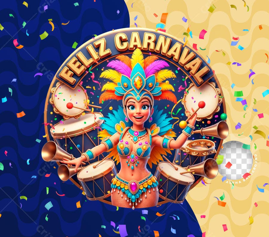 Selo 3D Feliz Carnaval Metalizado Dourado PNG Transparente