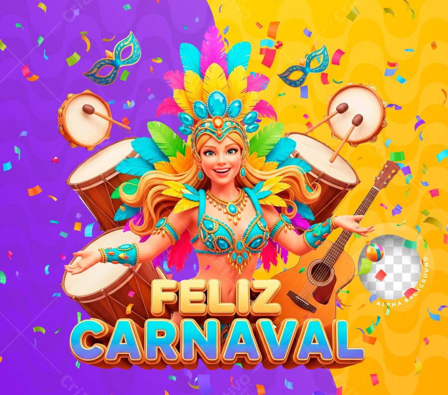 Feliz Carnaval 3D Ilustração Editável com Fundo Transparente