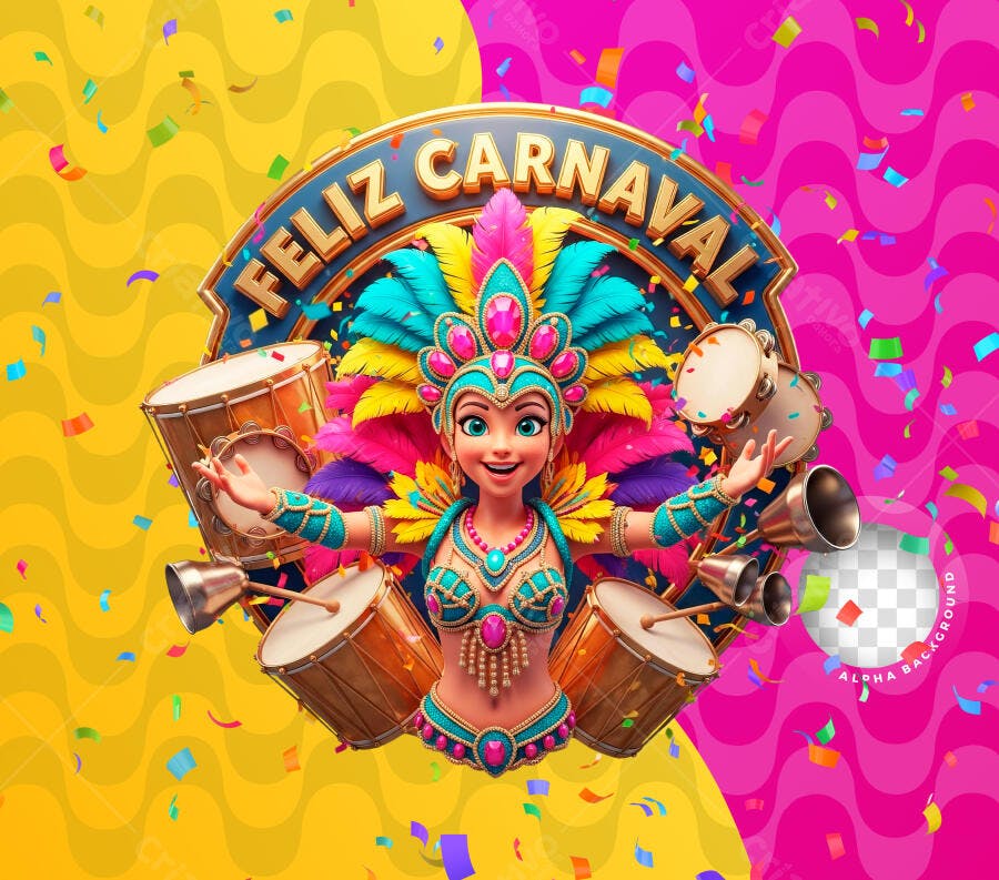 Selo 3D Feliz Carnaval Metalizado Colorido PNG Transparente
