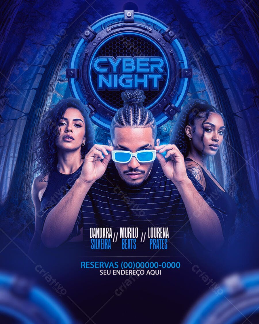 Flyer Cyber Night Festa Balada Eletrônica PSD Editável