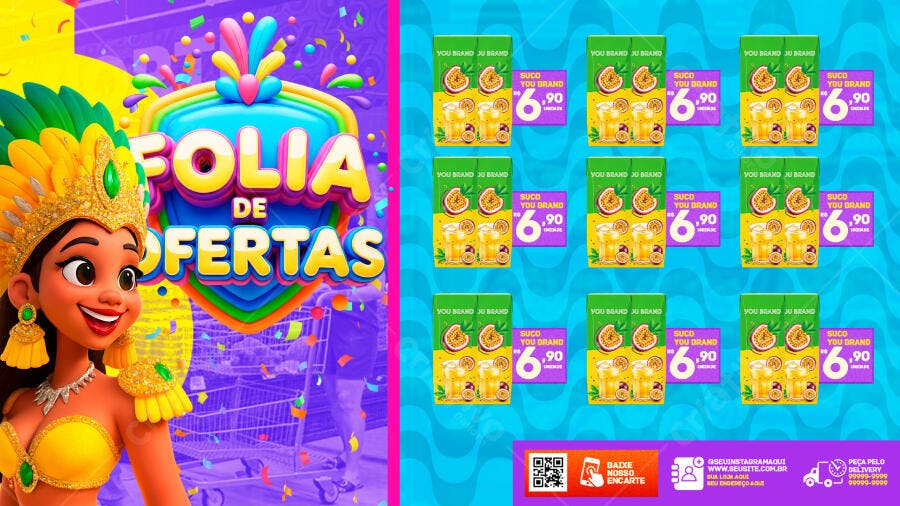 Banner Folia de Ofertas Carnaval Supermercado PSD Editável