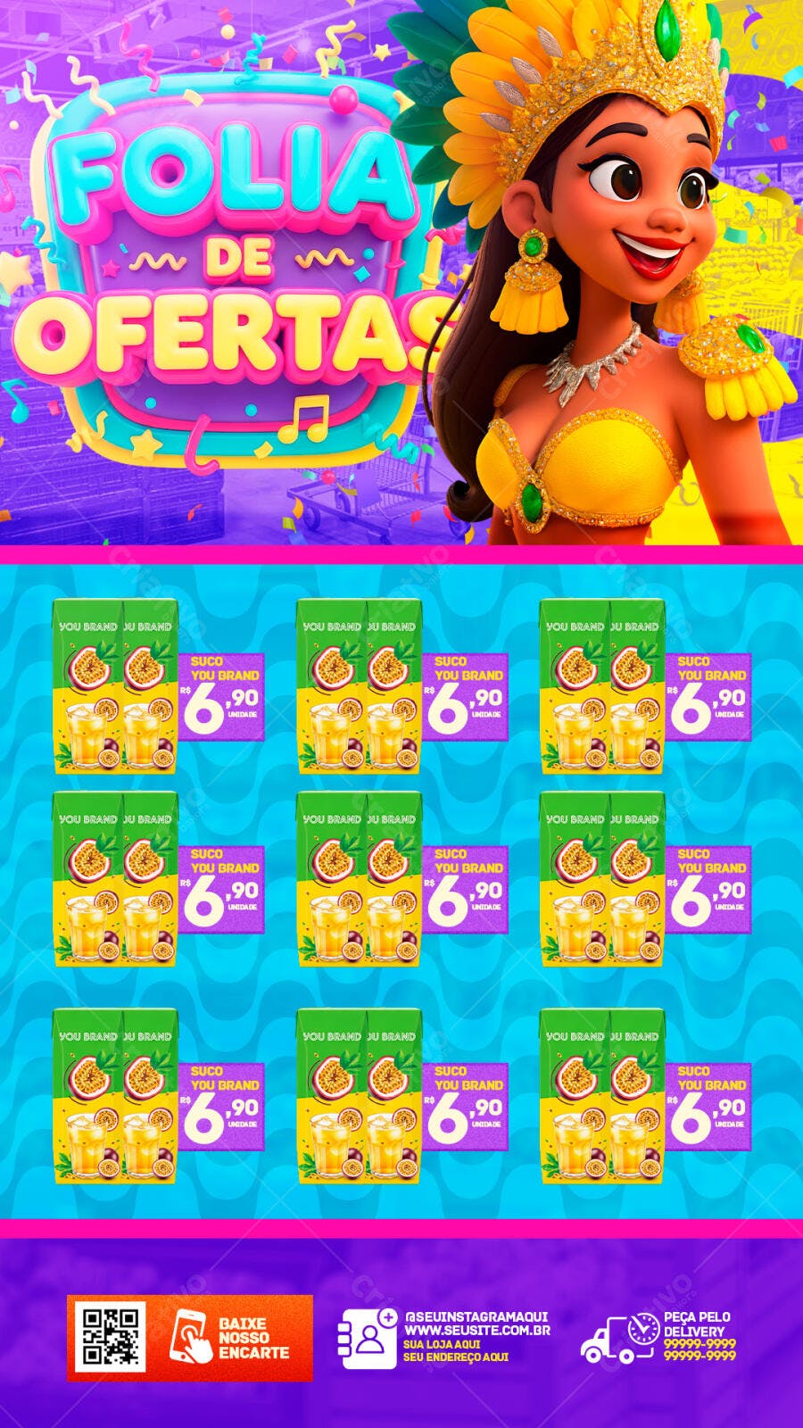 Banner Carnaval Folia de Ofertas Supermercado PSD Editável