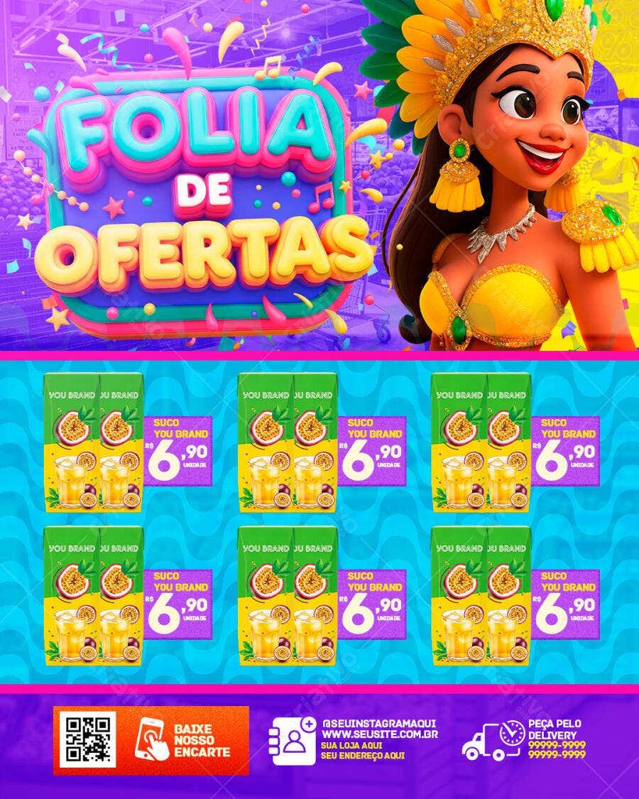 Encarte de Ofertas Carnaval Fevereiro Alimentação PSD Editável