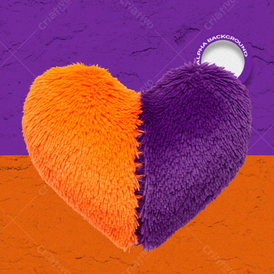 Coração Pelúcia Laranja Roxo Fundo Transparente PSD