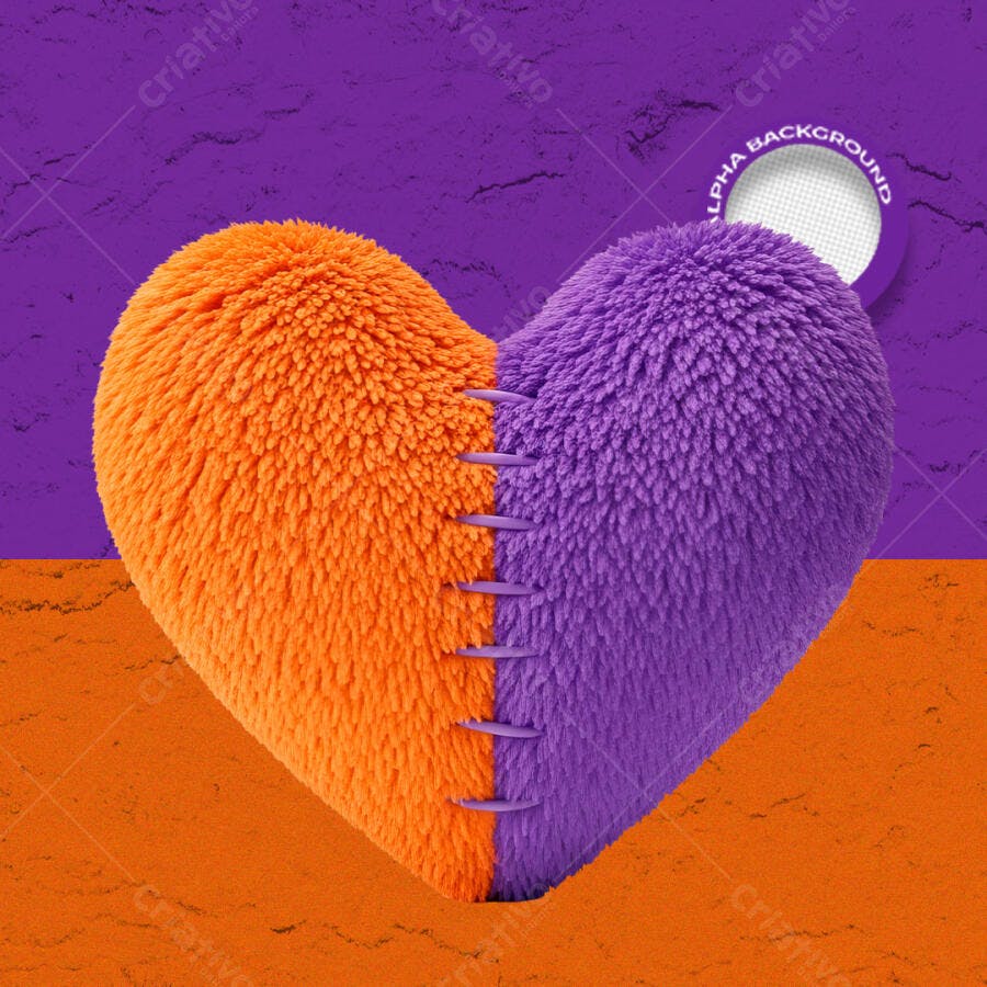 Coração Roxo Laranja Costurado Dia dos Namorados PSD Editável