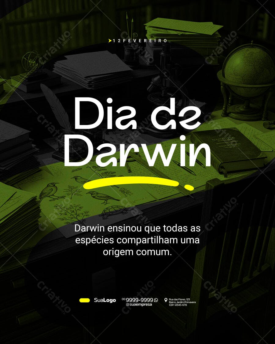 Post Instagram Dia de Darwin 12 de Fevereiro PSD Editável