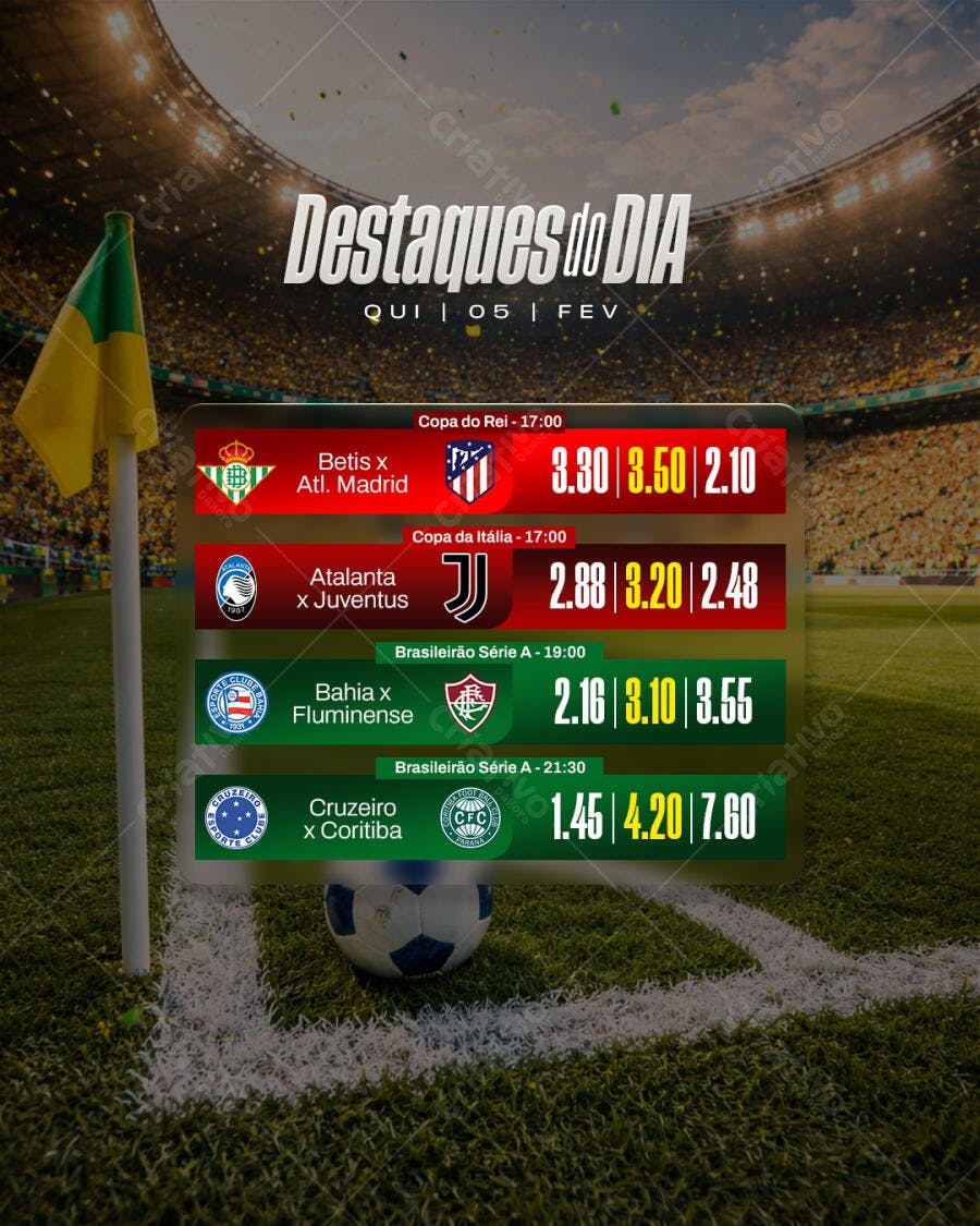 Post Instagram Destaques do Dia Futebol Apostas PSD Editável
