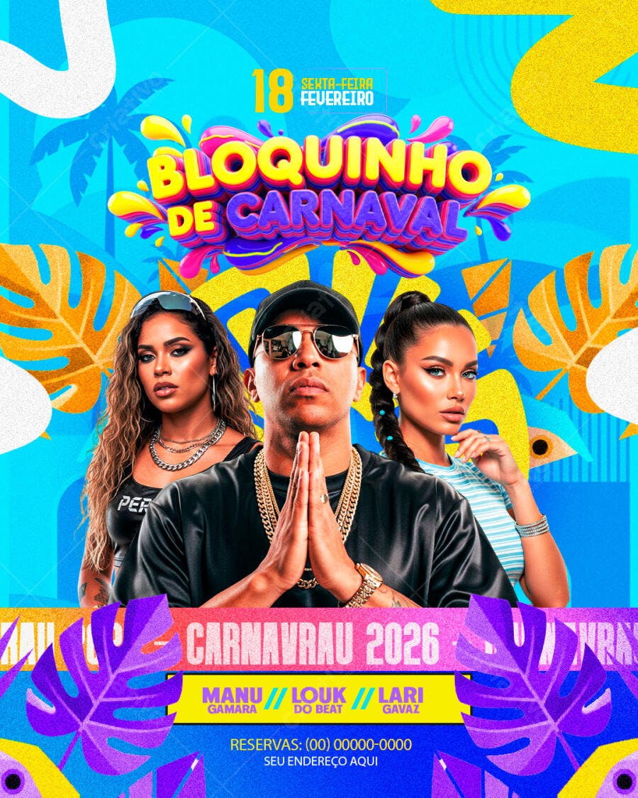 Flyer Carnaval Bloquinho Fevereiro PSD Editável