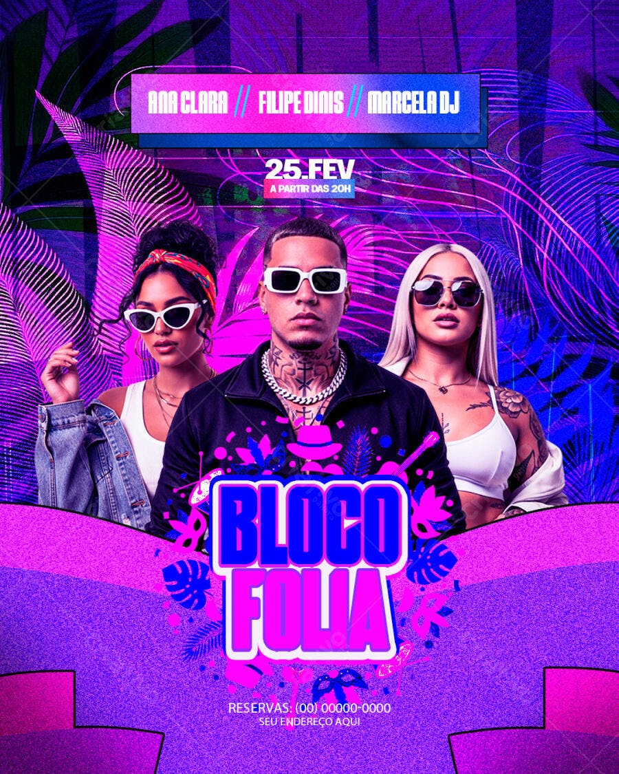 Flyer Bloco Folia Carnaval Fevereiro PSD Editável