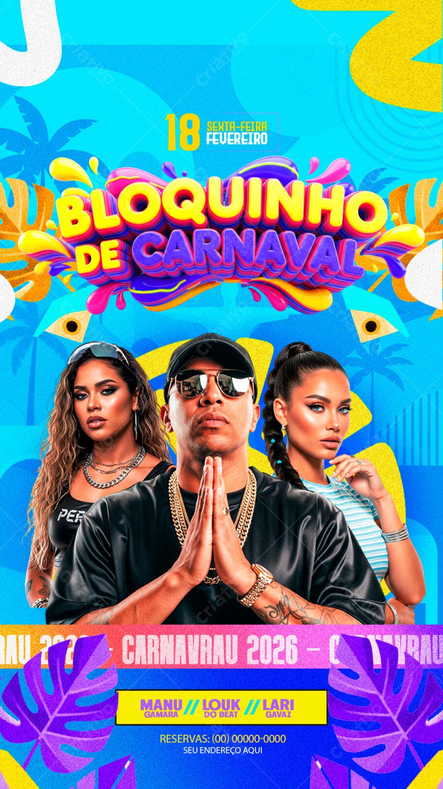 Flyer Bloquinho de Carnaval Fevereiro PSD Editável