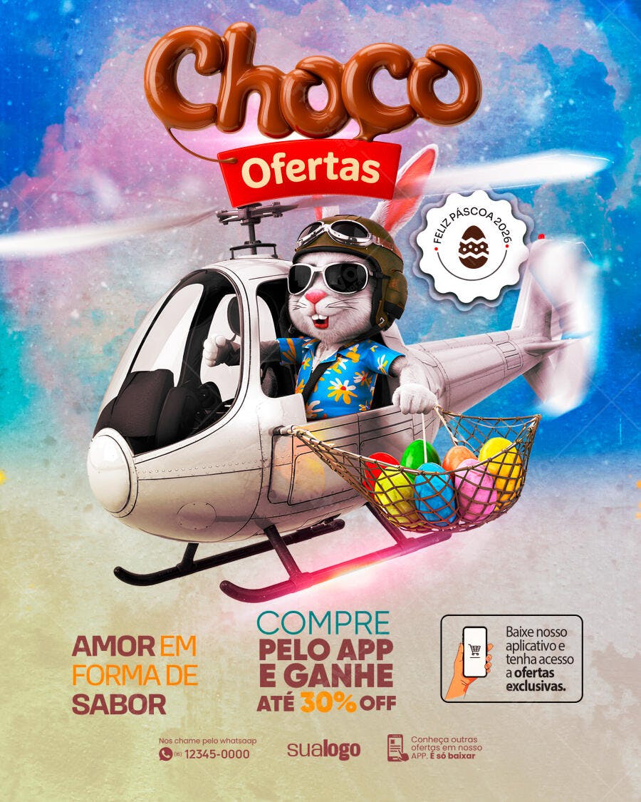 Flyer Páscoa Choco Ofertas Coelhinho Helicóptero PSD Editável