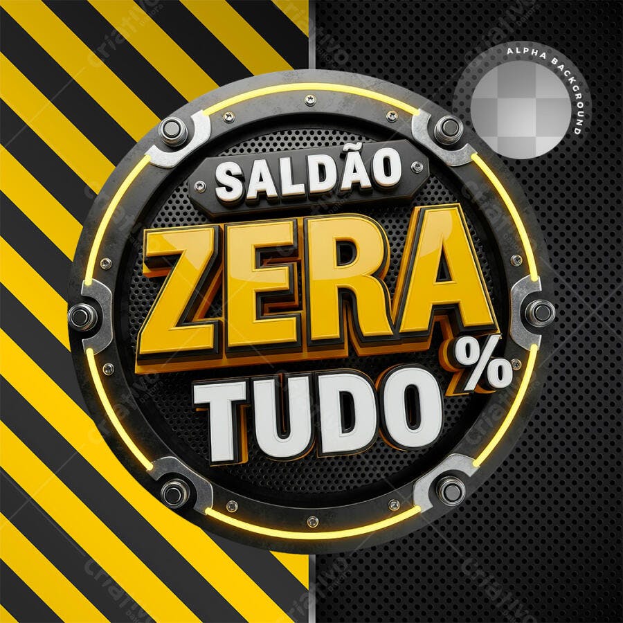 Selo 3D Saldo Zera Tudo Metalizado Preto Amarelo PNG Transparente
