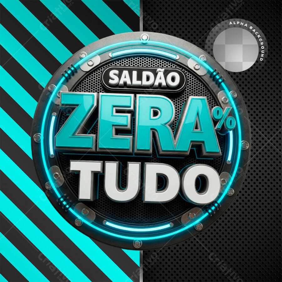 Badge 3D Saldão Zera Tudo Metalizado Azul Neon PNG Transparente