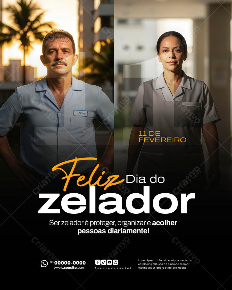 Post Instagram Dia do Zelador 11 de Fevereiro PSD Editável