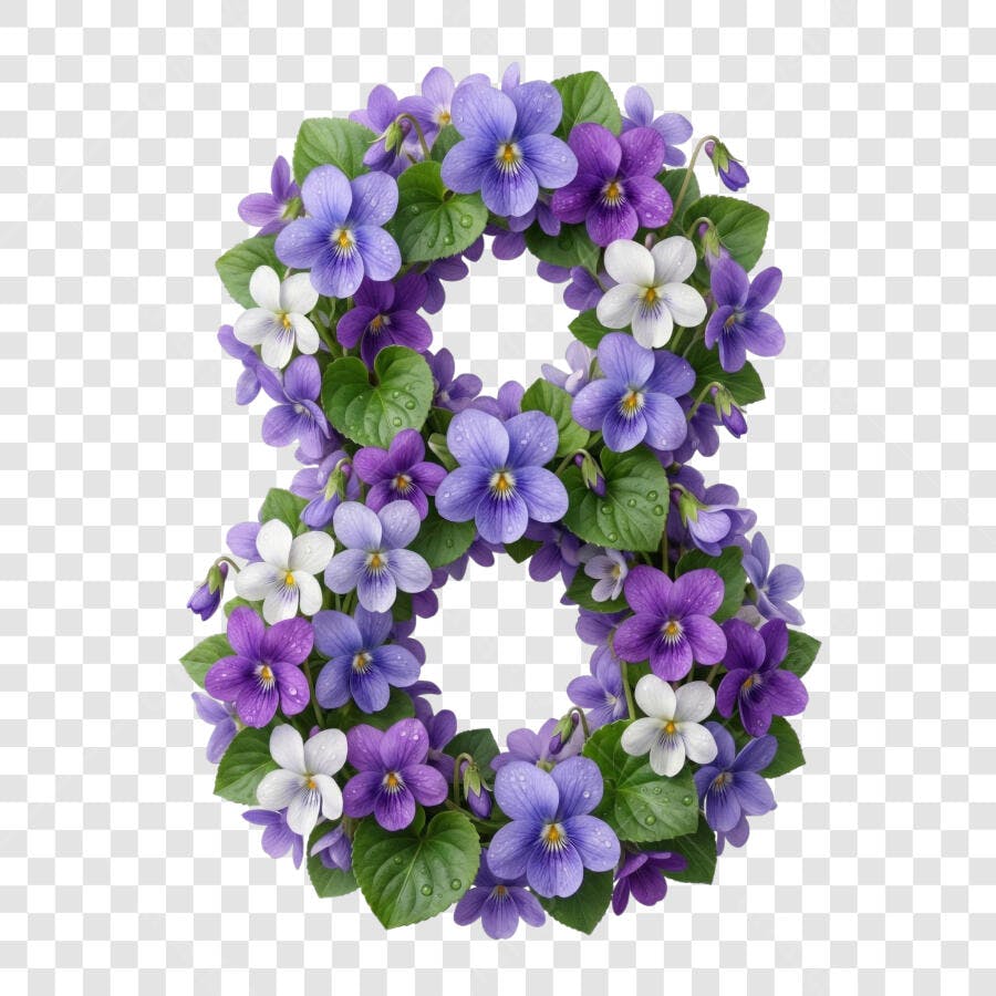 Elemento 3D Número 8 Flores Violetas Dia da Mulher 8 Março PNG Fundo Transparente