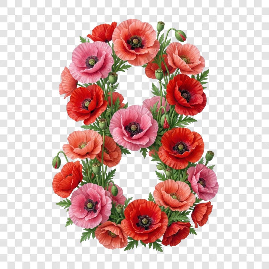 Elemento Decorativo Número 8 Flores Papoula 8 Março PNG Fundo Transparente