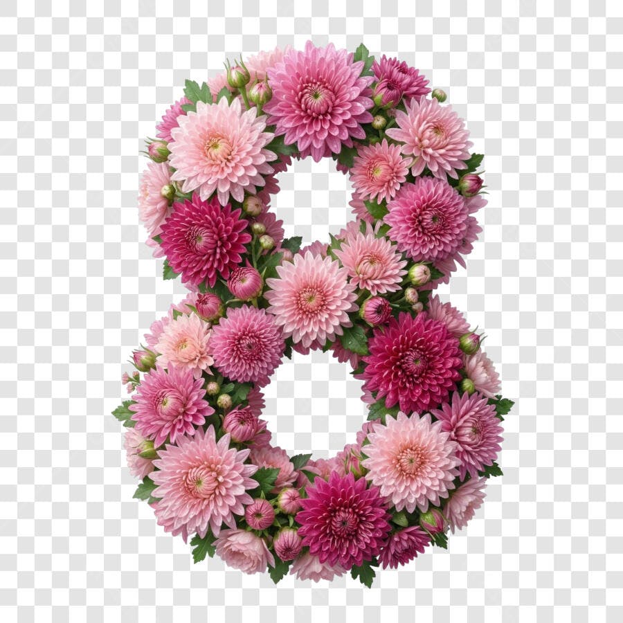 Elemento 3D Número 8 Flores Rosas Dia da Mulher Março PNG Fundo Transparente