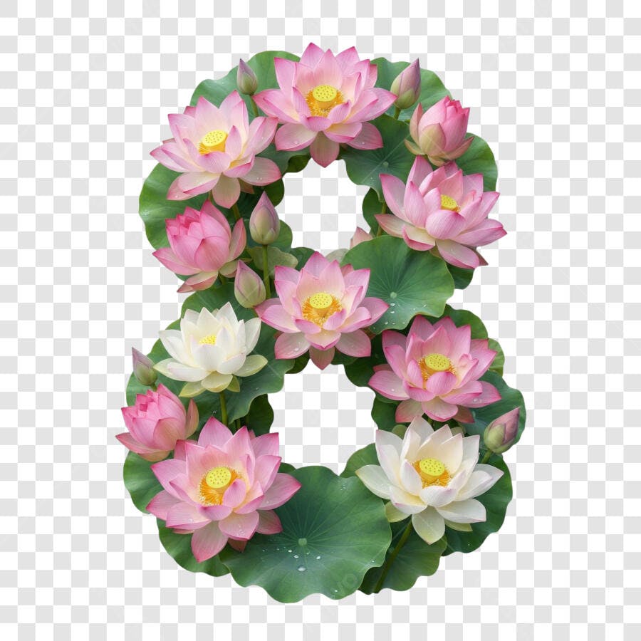 Elemento Decorativo Número 8 Flores Lótus Rosa PNG Fundo Transparente