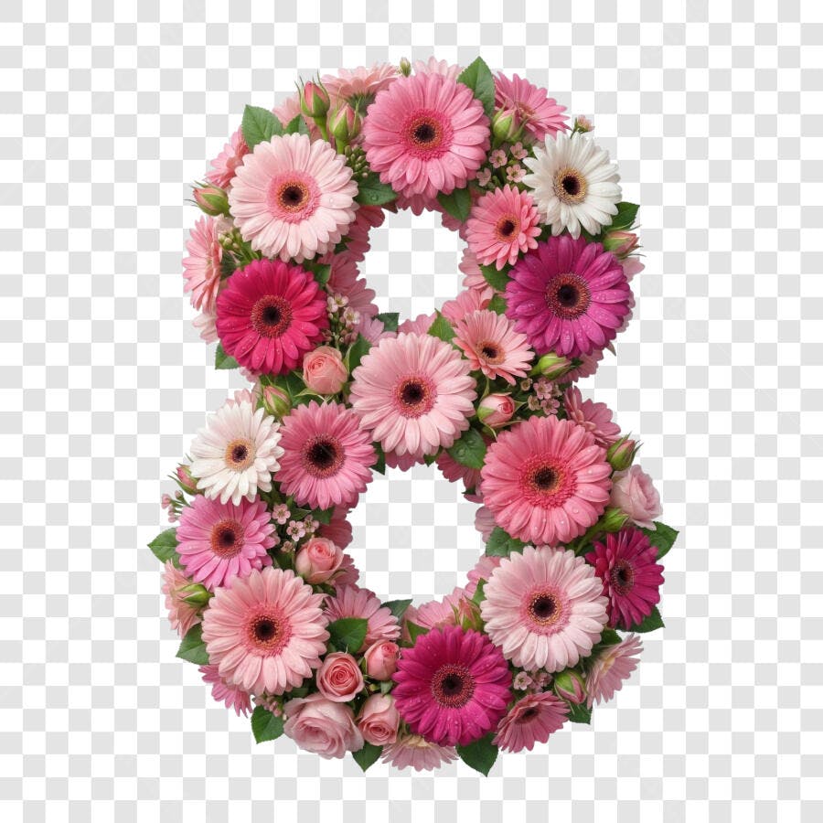 Elemento Decorativo Número 8 Flores Rosas Dia da Mulher 8 Março PNG Fundo Transparente
