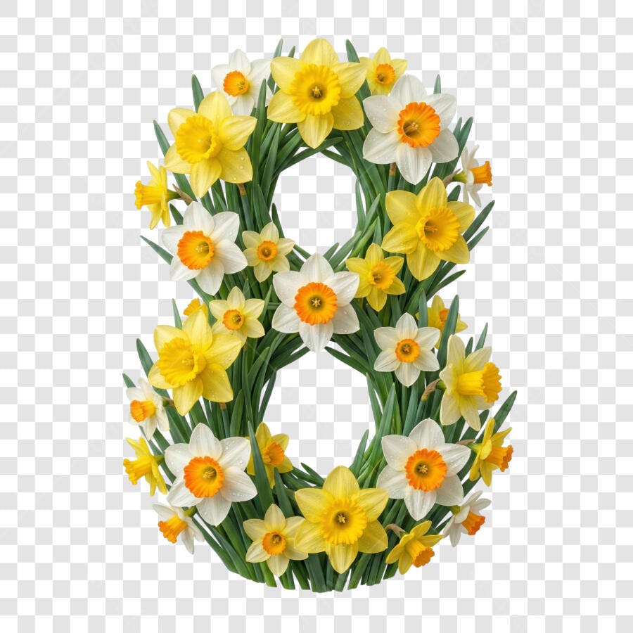 Elemento Decorativo Número 8 Flores Amarelas Brancas PNG Fundo Transparente