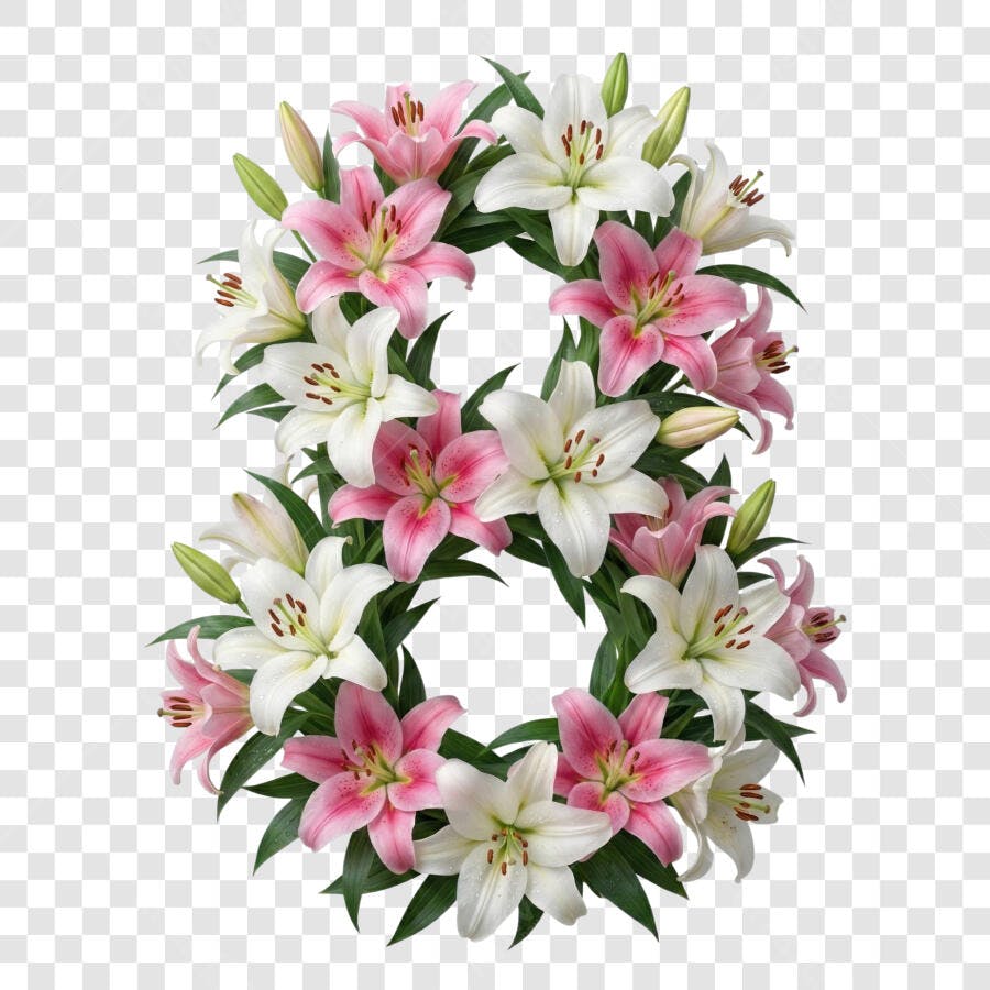 Elemento Decorativo Número 8 Lírios Brancos Rosas PNG Fundo Transparente