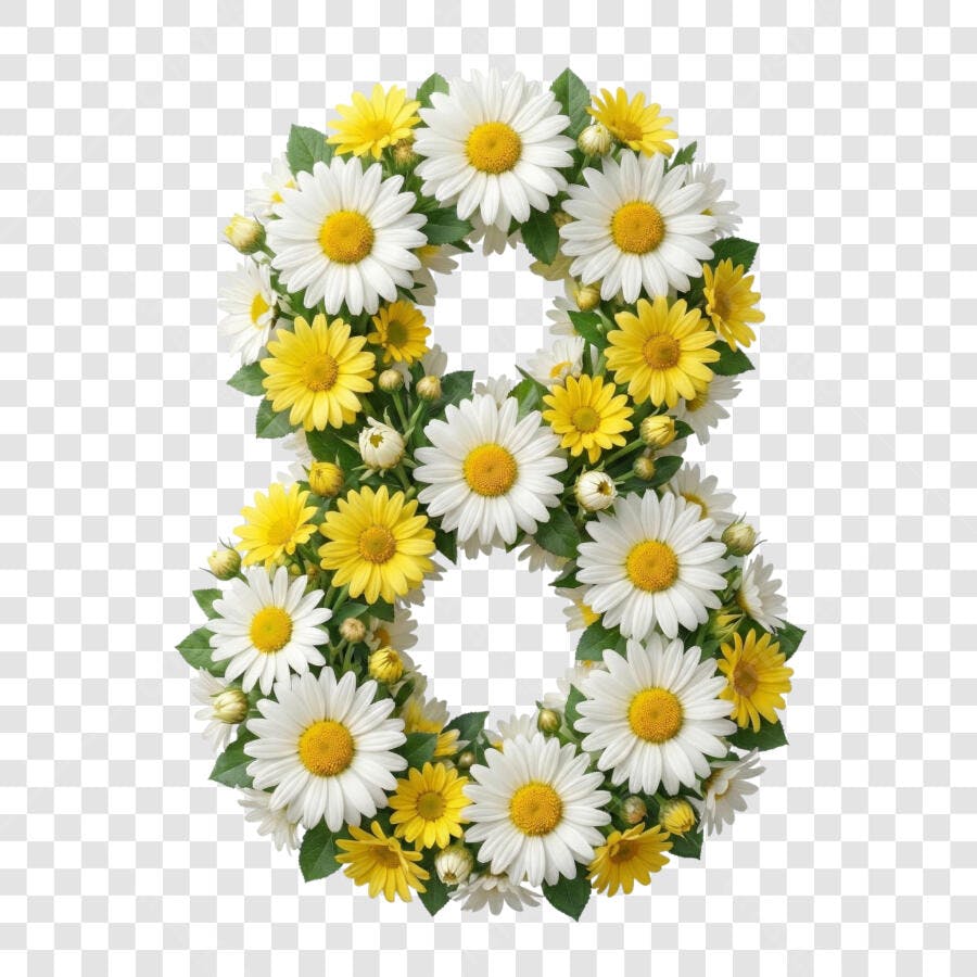 Elemento Decorativo Número 8 Flores Margaridas PNG Fundo Transparente