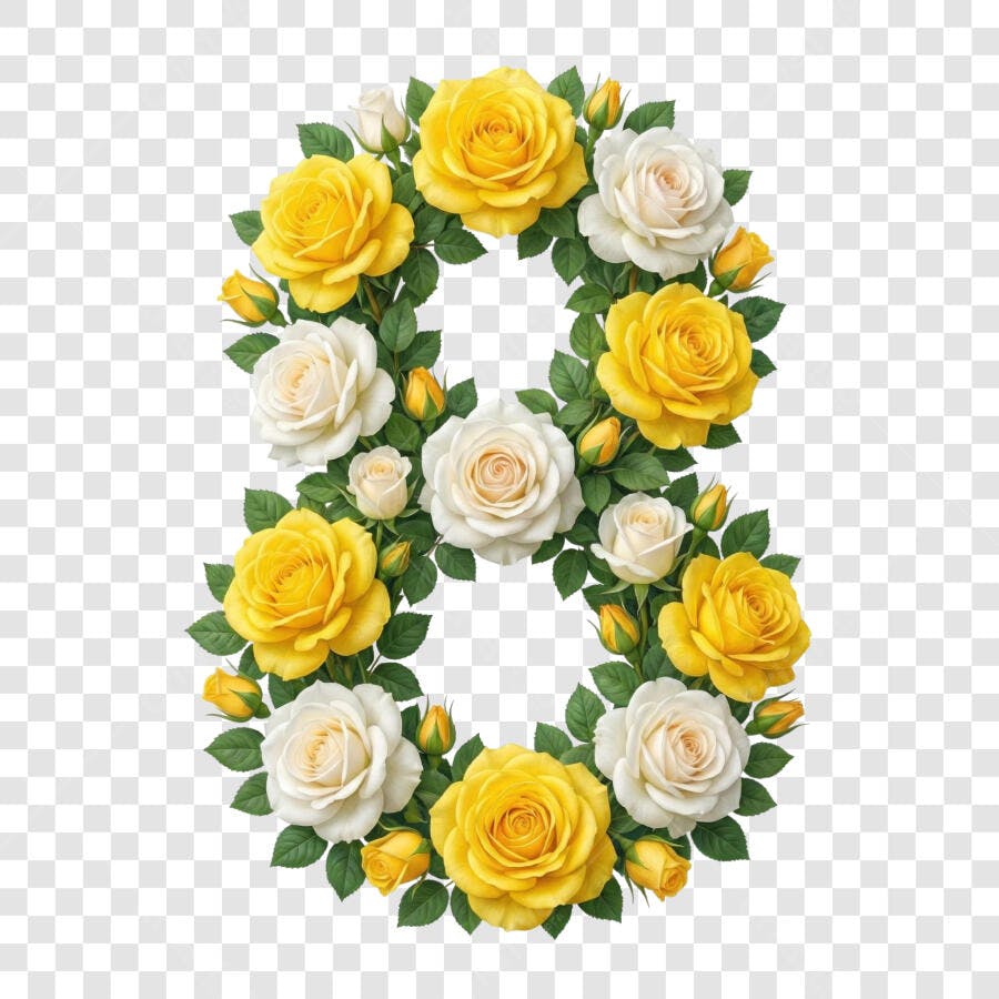 Elemento Decorativo Número 8 Rosas Amarelas Brancas PNG Fundo Transparente