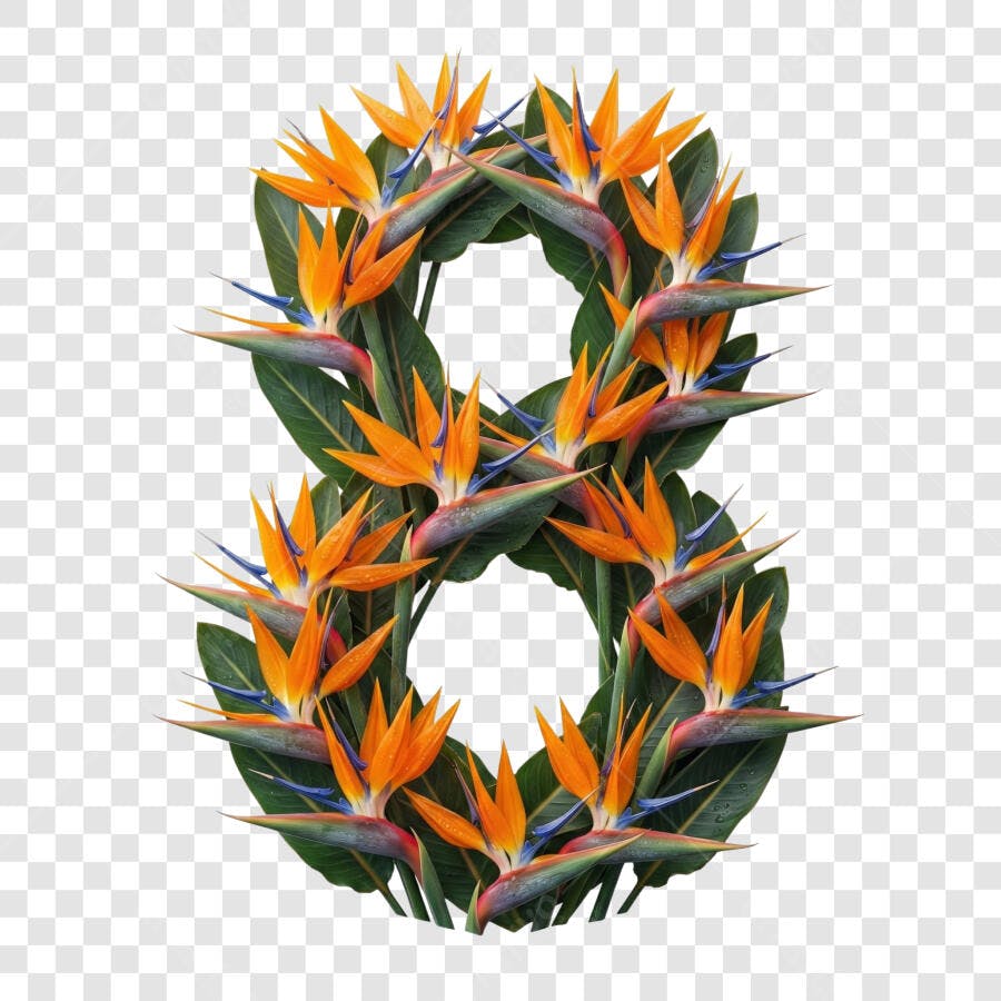 Elemento 3D Número 8 Flores Strelitzia PNG Fundo Transparente