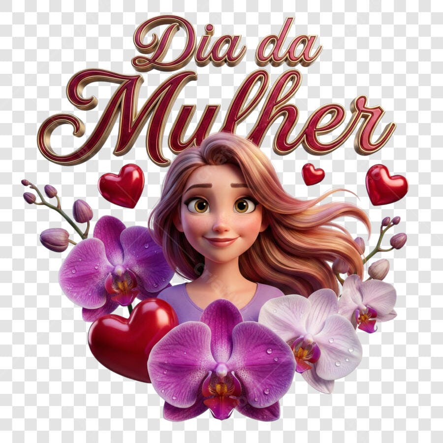 Arte 3D Dia da Mulher com Flores e Corações PNG Transparente