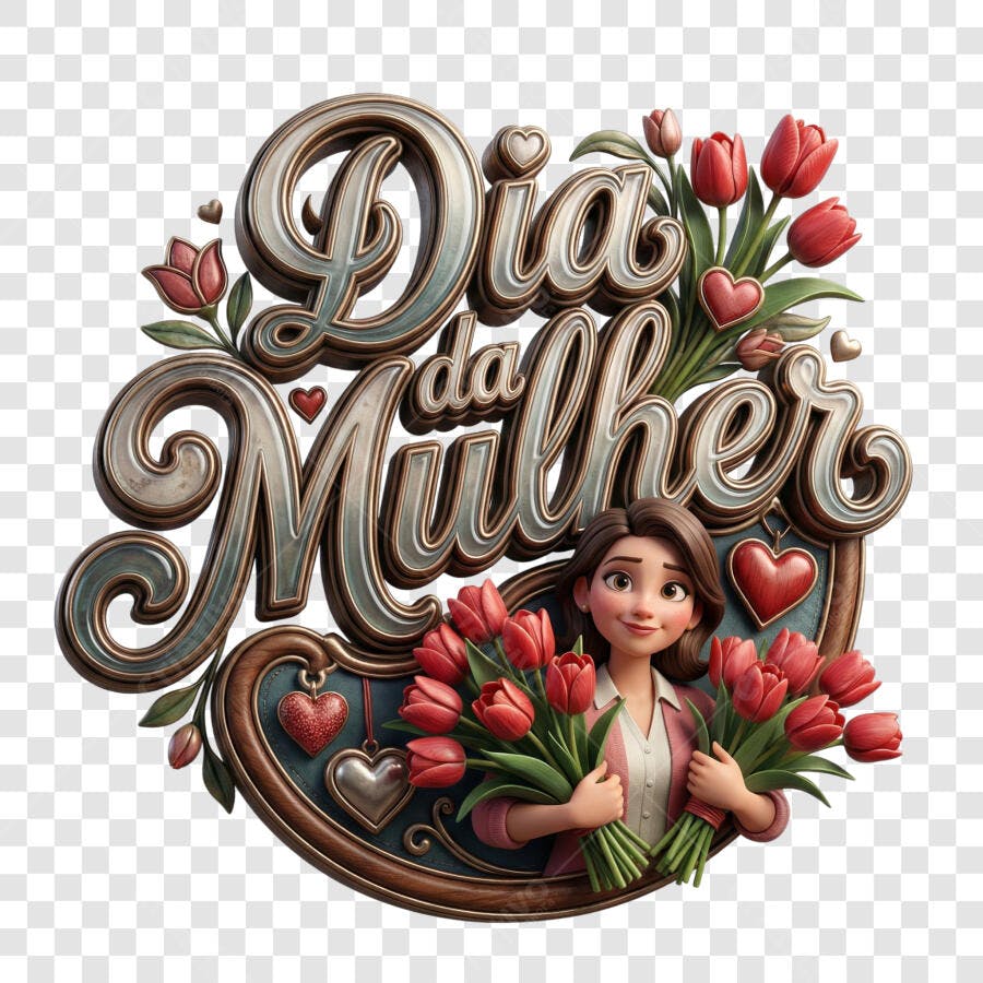 Selo Dia da Mulher 3D Metalizado com Flores e Mulher PNG