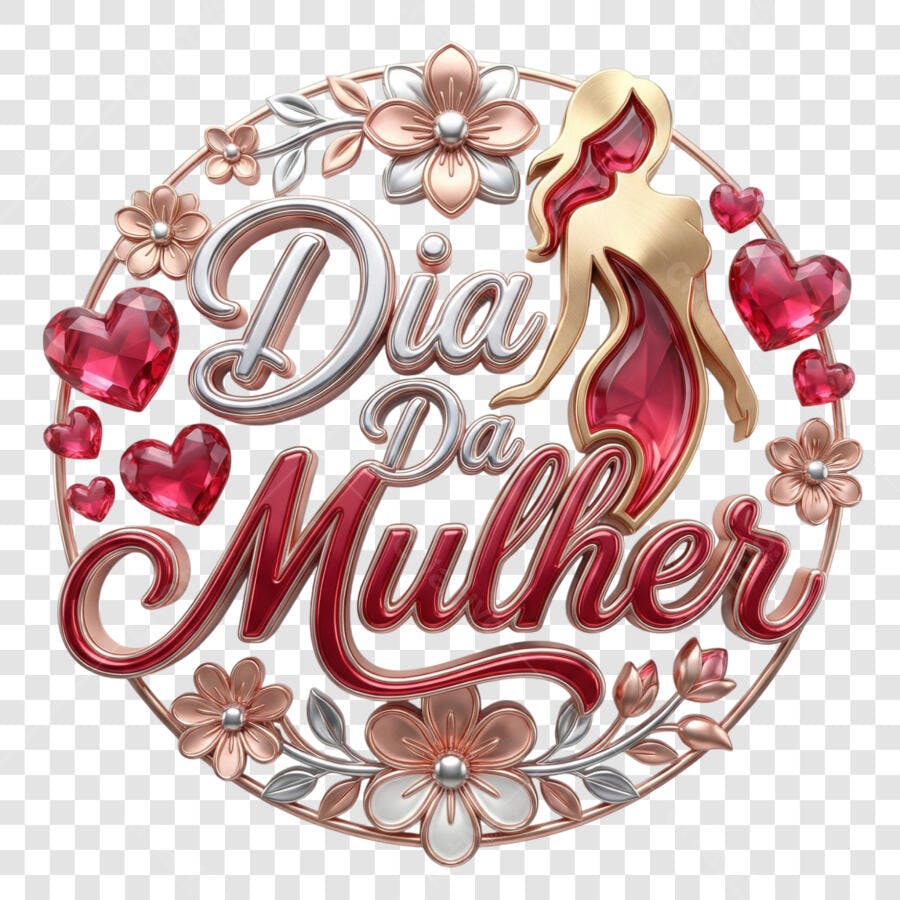 Selo 3D Dia da Mulher Metalizado Dourado e Vermelho PNG Transparente